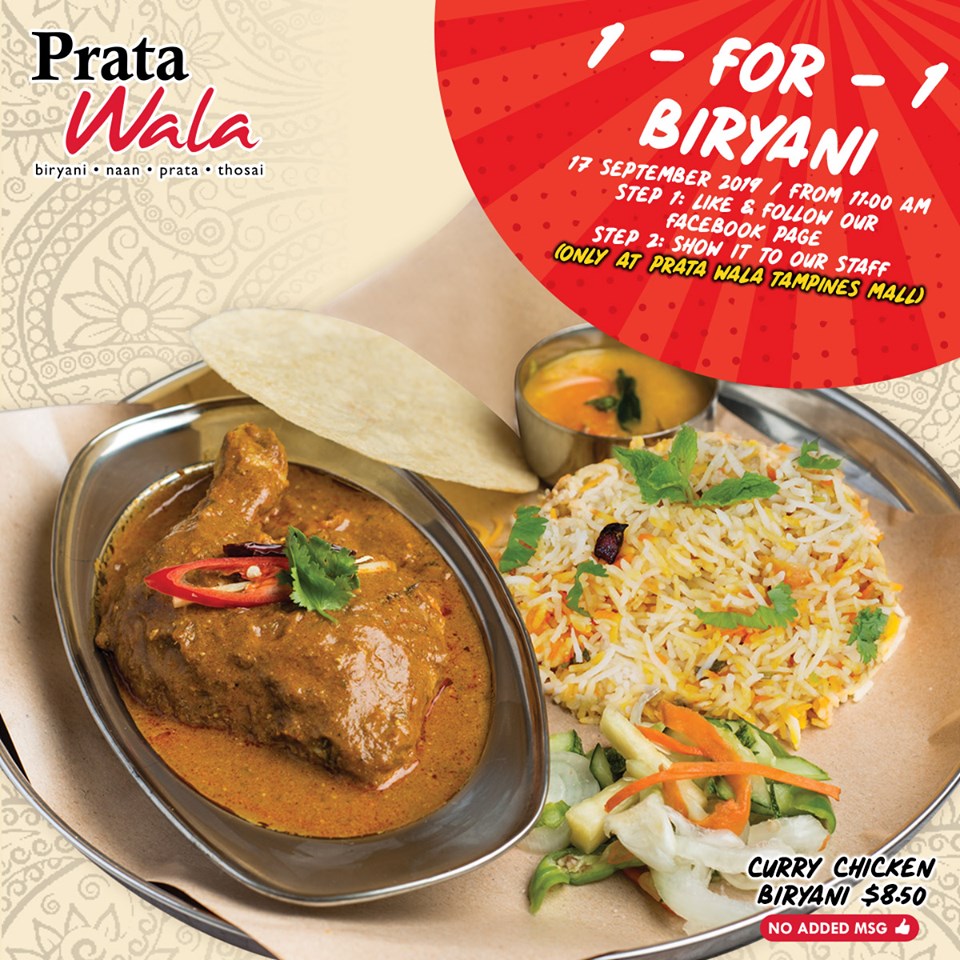 Prata Wala Singapore Tampines Mall Outlet Reopening 1-for-1 Curry Chicken Biryani Promotion 17 Sep 2019 | Why Not Deals