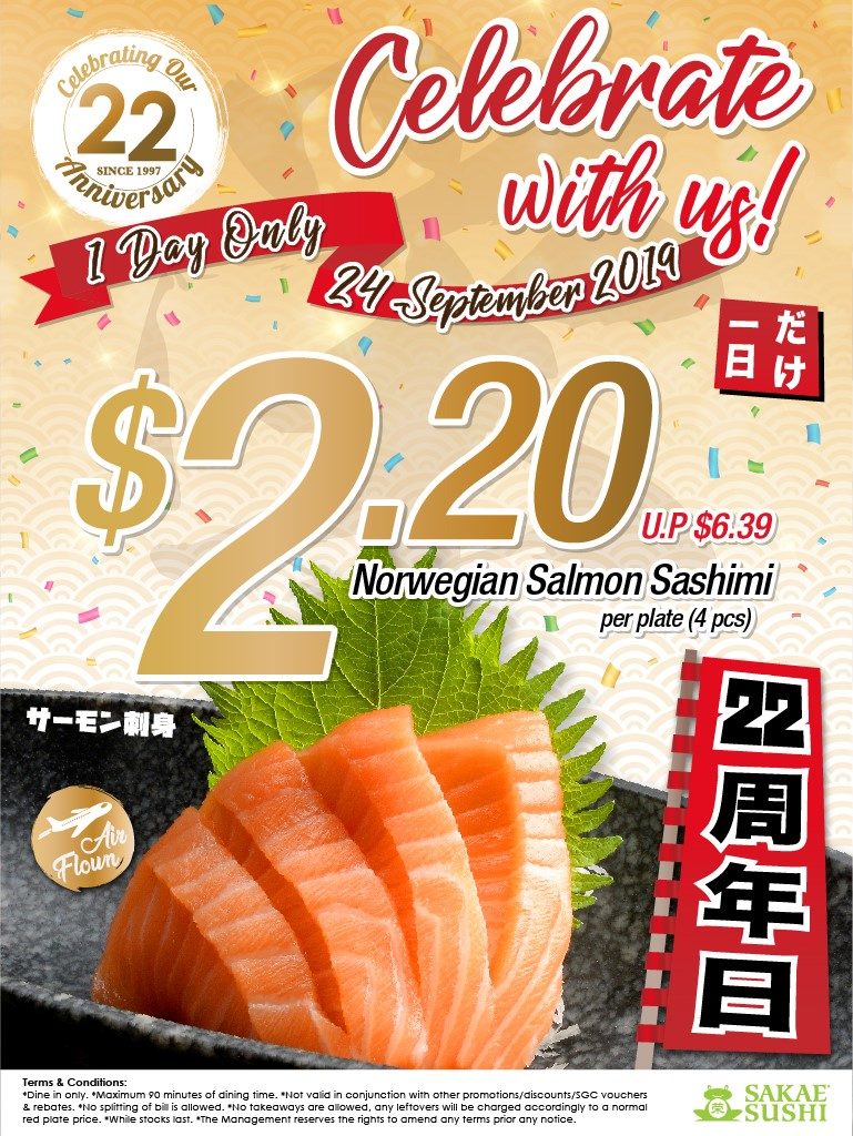 Sakae Sushi Singapore 22nd Anniversary $2.20 Per Plate of Salmon Sashimi Promotion on 24 Sep 2019 | Why Not Deals