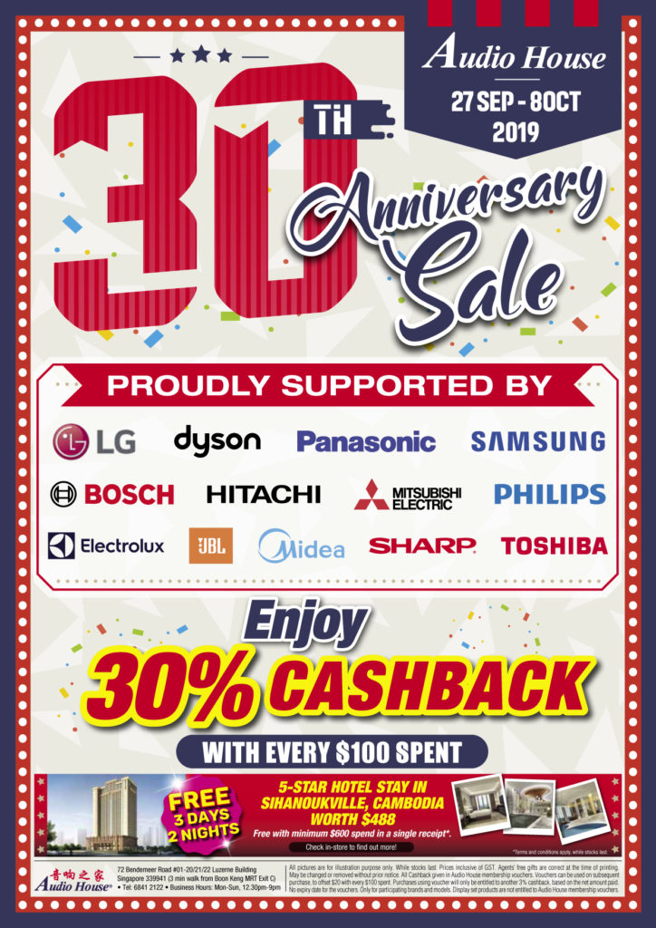 Audio House Singapore 30th Anniversary Sale Up to 30% Cashback Promotion ends 8 Oct 2019 | Why Not Deals