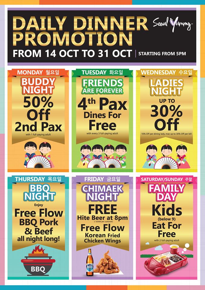 Seoul Yummy Singapore Daily Dinner Up Promotions Up to 50% Off from 14-31 Oct 2019 | Why Not Deals