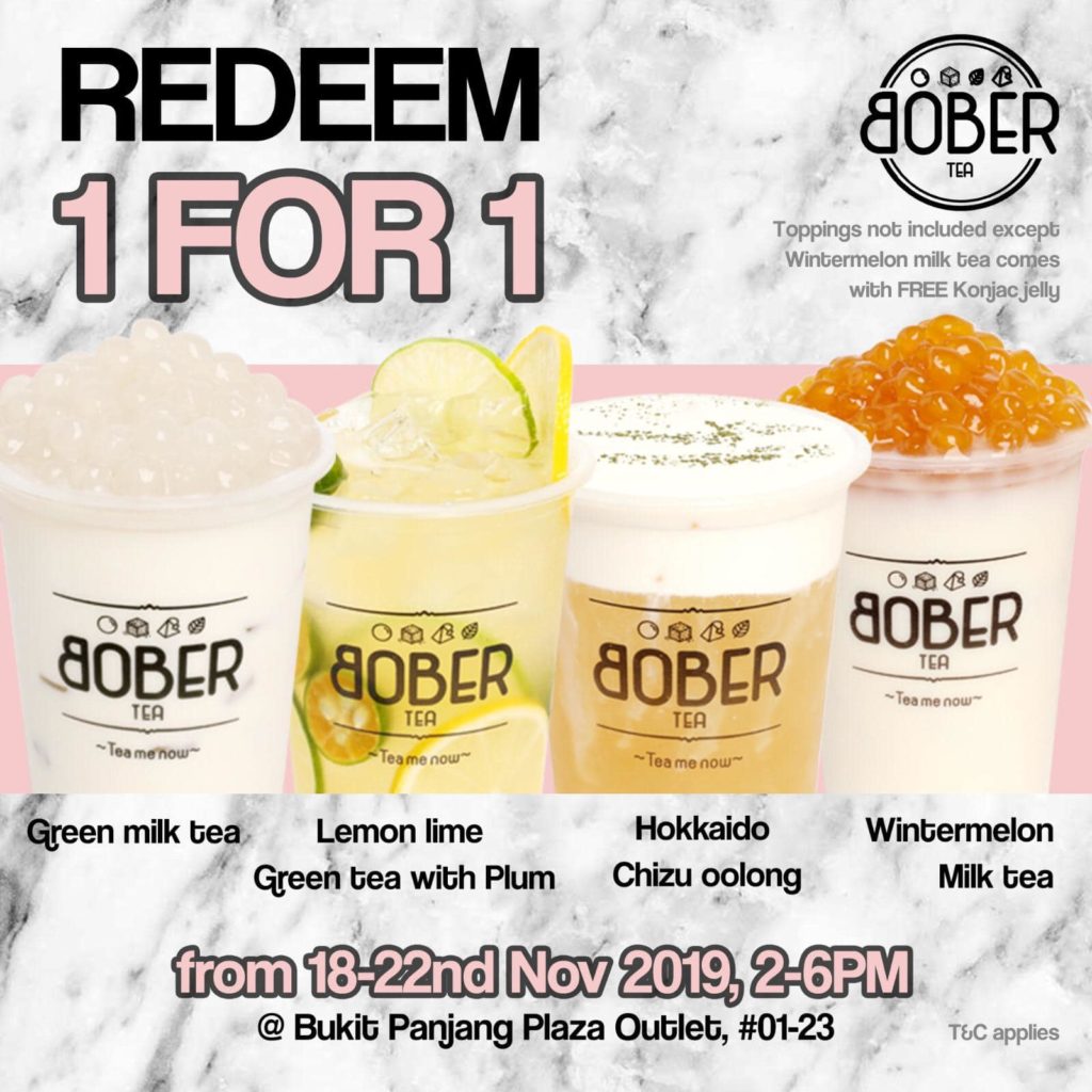Bober Tea Singapore Bukit Panjang Outlet 1-for-1 Promotion 18-22 Nov 2019 | Why Not Deals