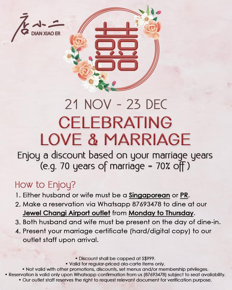 Dian Xiao Er Singapore Celebrate Love and Marriage with Discount Based on Your Marriage Years from 21 Nov - 23 Dec 2019 | Why Not Deals 1