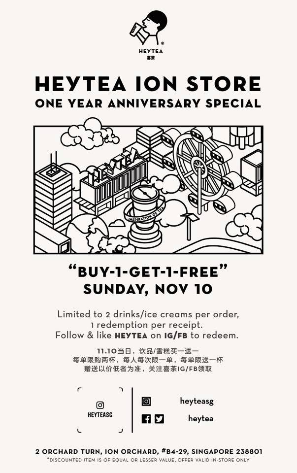 HEYTEA Singapore 1st Anniversary Buy 1 FREE 1 Promotion 10 Nov 2019 | Why Not Deals 1