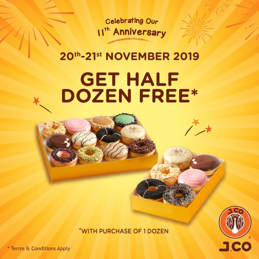 J.CO Donuts & Coffee Singapore 11th Anniversary Buy 1 Dozen & Get Half Dozen FREE Promotion 20-21 Nov 2019 | Why Not Deals
