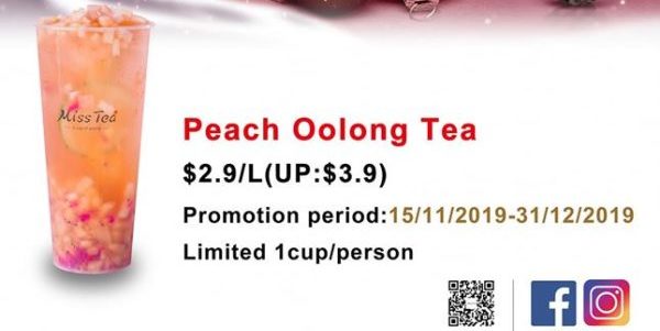 Miss Tea Singapore $2.90 Peach Oolong Tea Christmas Special Promotion 15 Nov – 31 Dec 2019