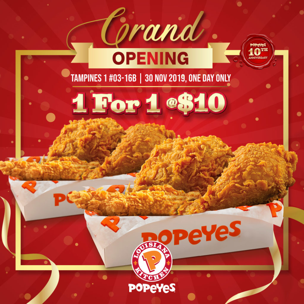Popeyes Singapore Tampines 1 Outlet Opening 1-for-1 Promotion only on 30 Nov 2019 | Why Not Deals