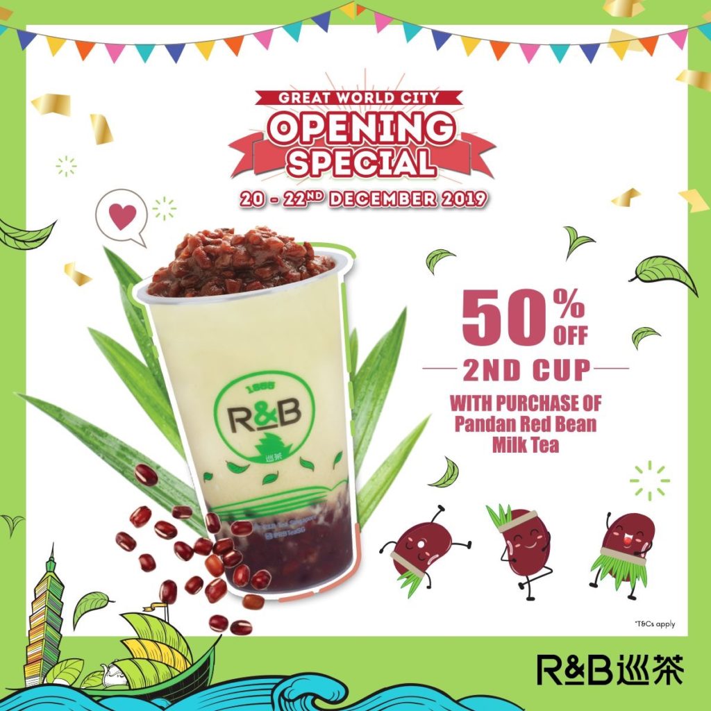 R&B Tea SG 3-Day Opening Special 50% Off 2nd Cup Promotion 20-22 Dec 2019 | Why Not Deals