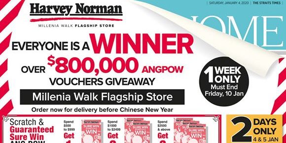 Harvey Norman SG $800,000 Ang Pow Vouchers Giveaway ends 10 Jan 2020