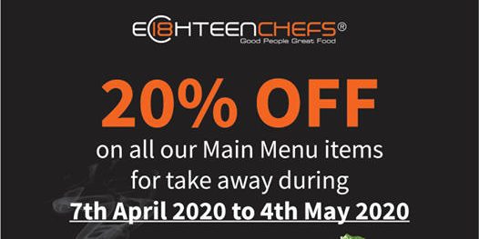 Eighteen Chefs 20% Off Main Menu Items