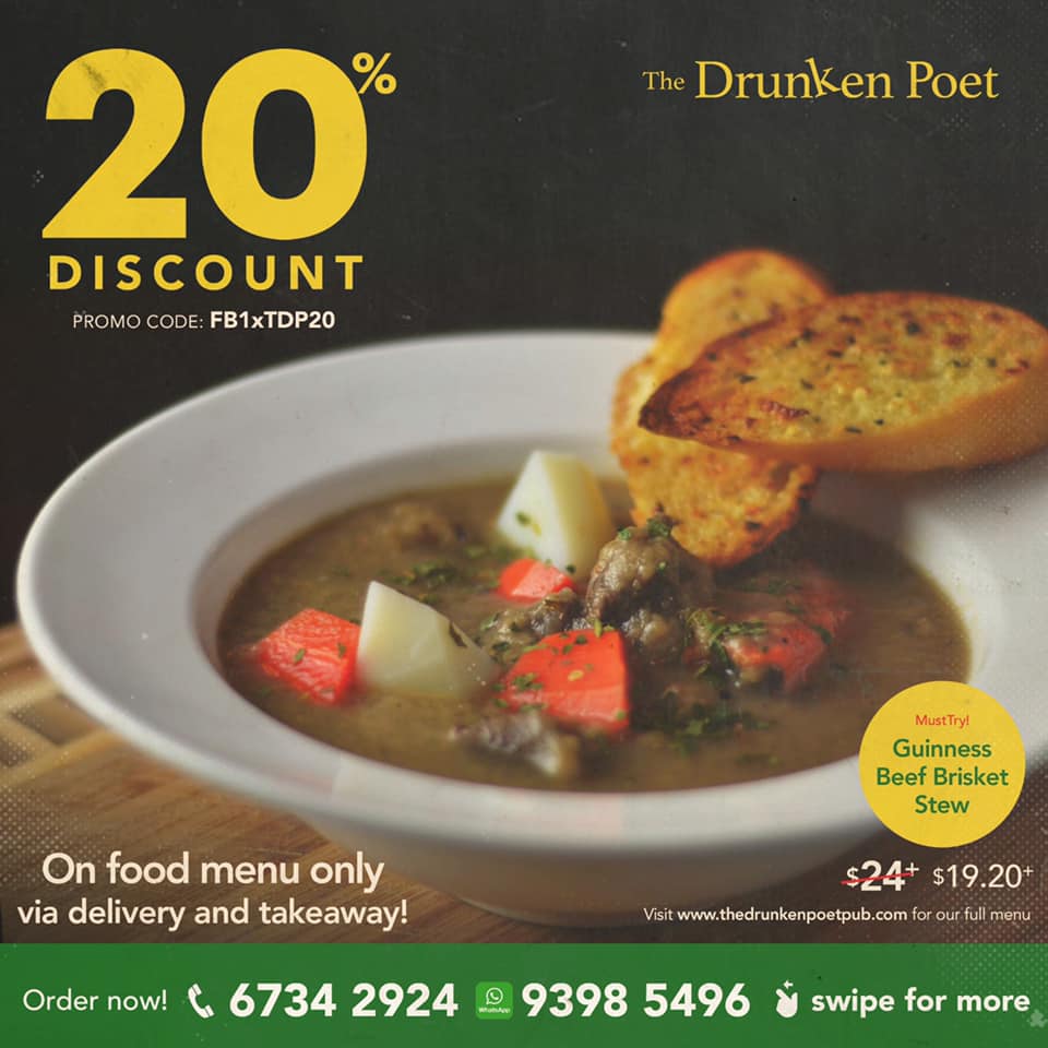 The Drunken Poet Singapore 20% Discount Entire Food Menu Promotion | Why Not Deals