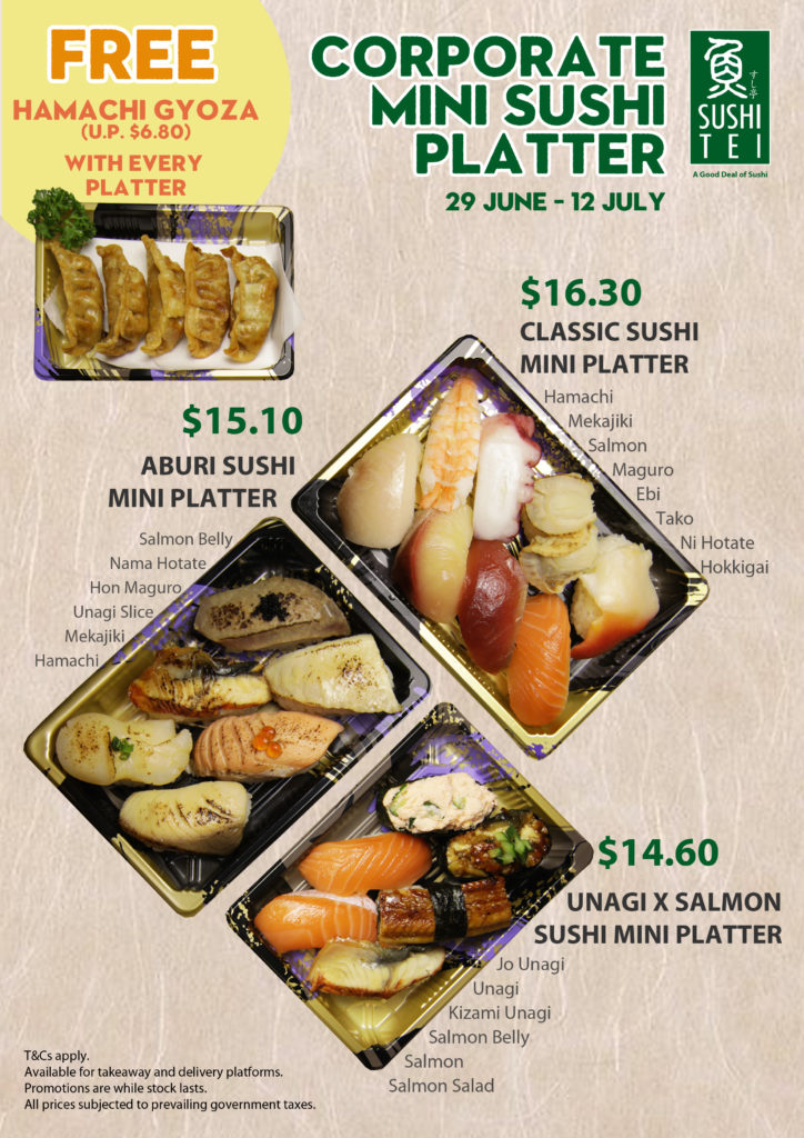 Get a Free set of Hamachi Gyoza when you order Sushi Tei’s Brand New Corporate Mini Sushi Platter | Why Not Deals 1