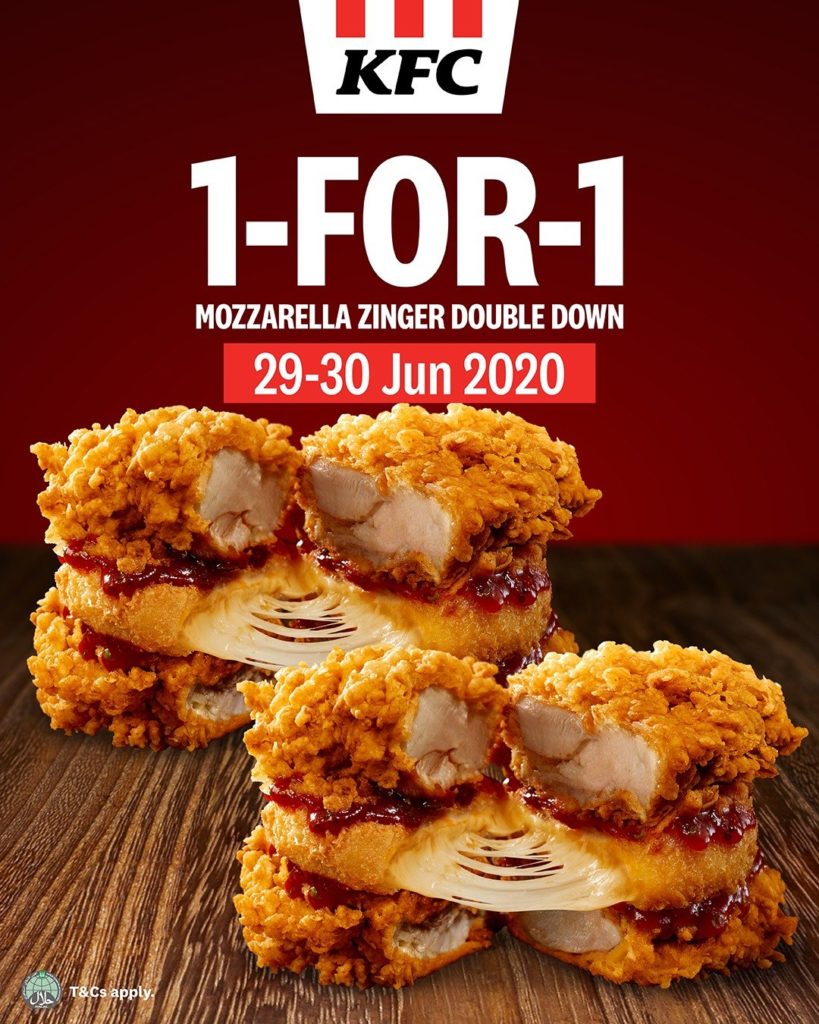 KFC Singapore 1-for-1 Mozzarella Zinger Double Down Promotion 29-30 Jun 2020 | Why Not Deals
