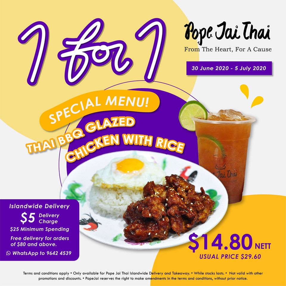 Pope Jai Thai SG 1-for-1 Thai BBQ Glazed Chicken with Rice Set Promotion 30 Jun - 5 Jul 2020 | Why Not Deals