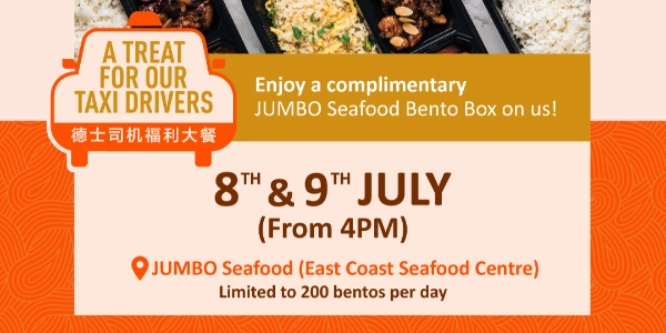JUMBO Seafood is giving away FREE Bento Boxes to show our appreciation to Taxi Drivers in Singapore.
