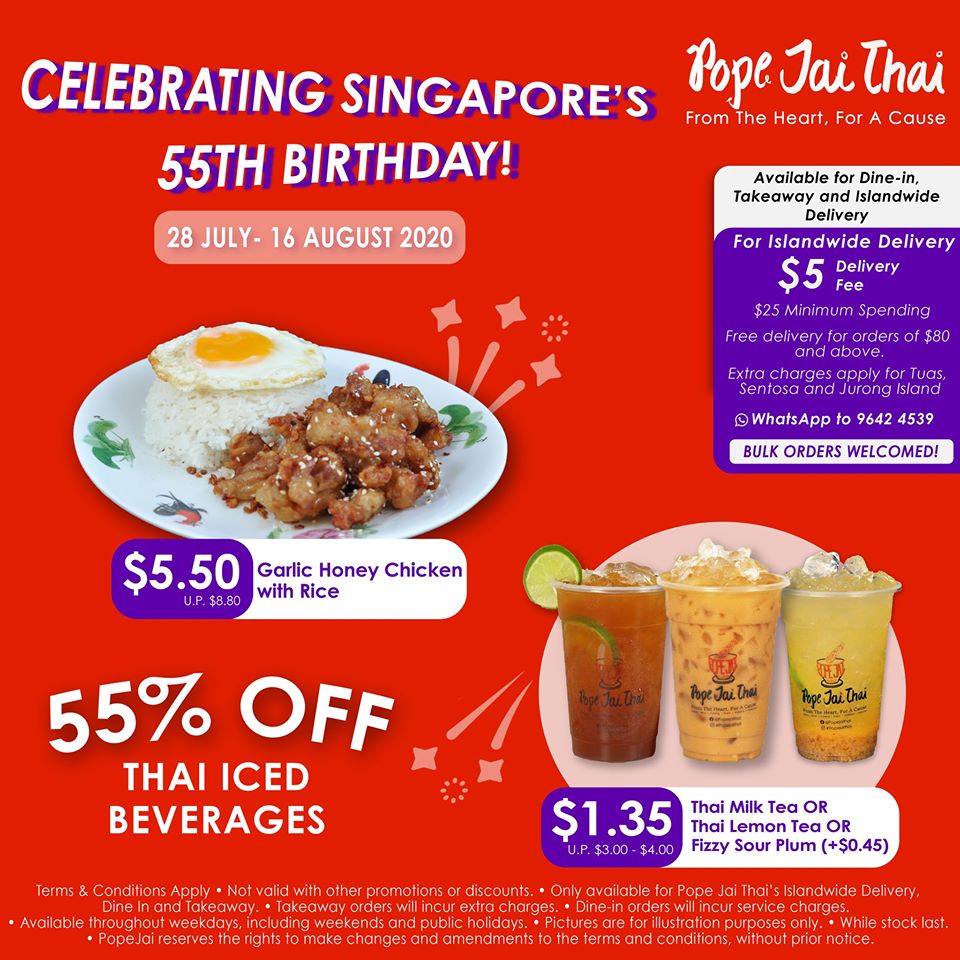 Pope Jai Thai Celebrates Singapore's 55th Birthday with 55% Off Promotion 28 Jul - 16 Aug 2020 | Why Not Deals