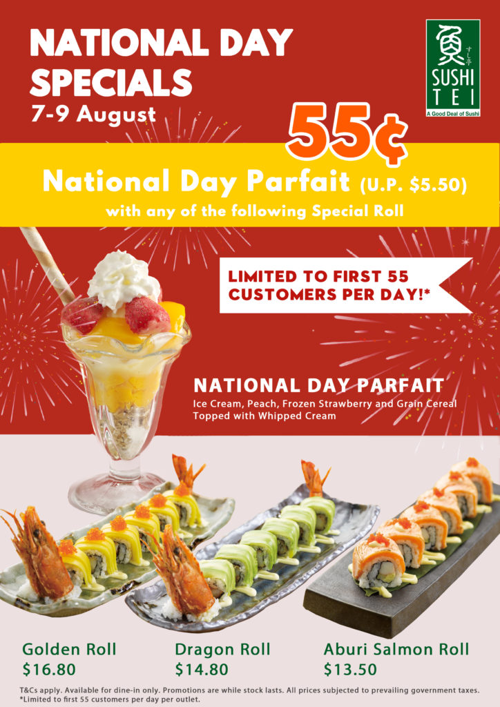 55 Cents National Day Parfait with purchase of your favourite special roll at Sushi Tei 7-9 Aug 2020 | Why Not Deals