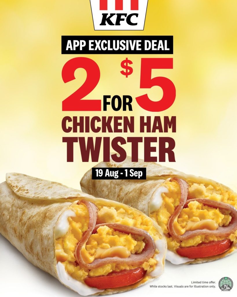 KFC Singapore Exclusive App Deal 2 Chicken Ham Twisters For $5 Promotion 19 Aug - 1 Sep 2020 | Why Not Deals