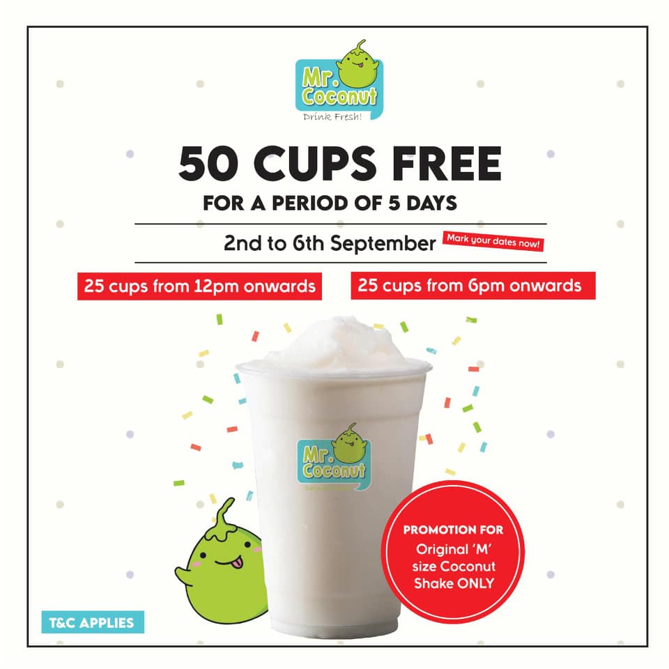Mr Coconut Singapore Is Giving Away 50 FREE 'M' Size Mr. Coconut Shake at Tampines 1 Outlet 2-6 Sep 2020 | Why Not Deals 1
