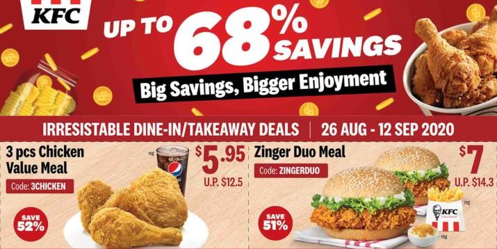 KFC Singapore Enjoy Up To 68% Off Promotion With KFC Coupons ends 12 Sep 2020 | SingPromotion.com