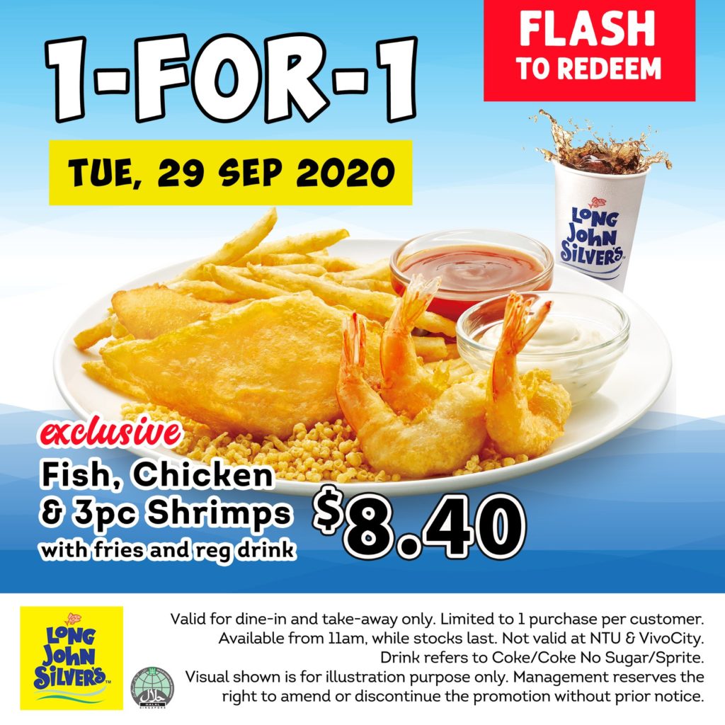Long John Silver's Singapore 1-for-1 Fish, Chicken & 3pc Shrimps Meal Promotion on 29 Sep 2020 | Why Not Deals