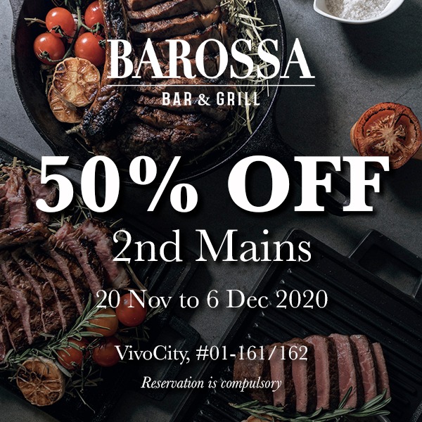 New Steakhouse at VivoCity, Barossa Bar & Grill offers 50% off second mains! | Why Not Deals