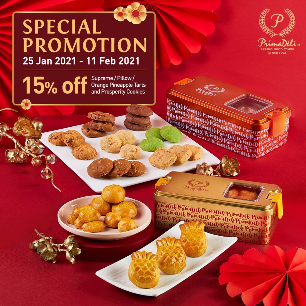 PrimaDeli Singapore 15% off our Supreme/Pillow/Orange Pineapple Tarts and Prosperity Cookies Promotion ends 11 Feb 2021 | Why Not Deals