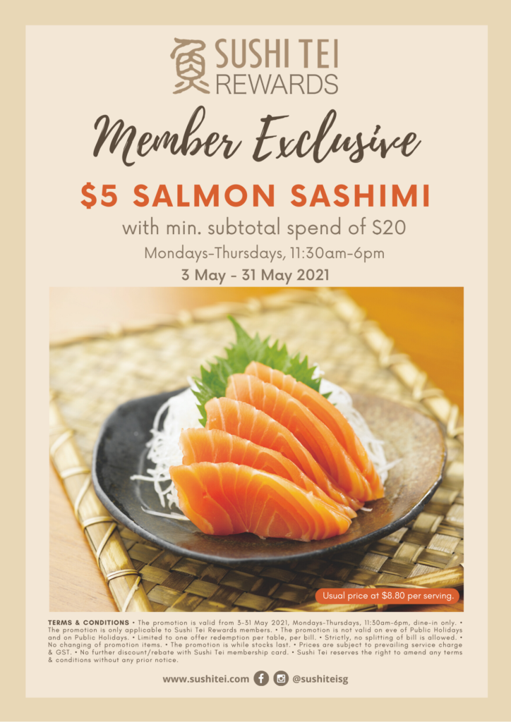 $5 Salmon Sashimi for Sushi Tei Members from now till 31 May 2021 | Why Not Deals