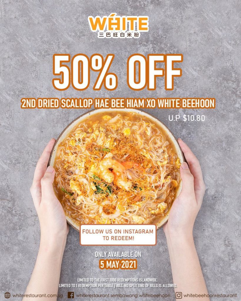 Enjoy 50% off your 2nd plate of Dried Scallop Hae Bee Hiam XO White Beehoon at White Restaurant | Why Not Deals