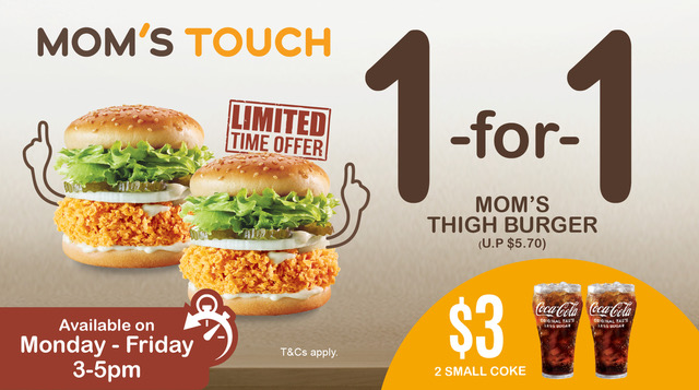 No.1 Korean Fast Food Chain, MOM'S TOUCH Offers 1-For-1 Juicy Chicken Thigh Burger (U.P.$5.70) | Why Not Deals