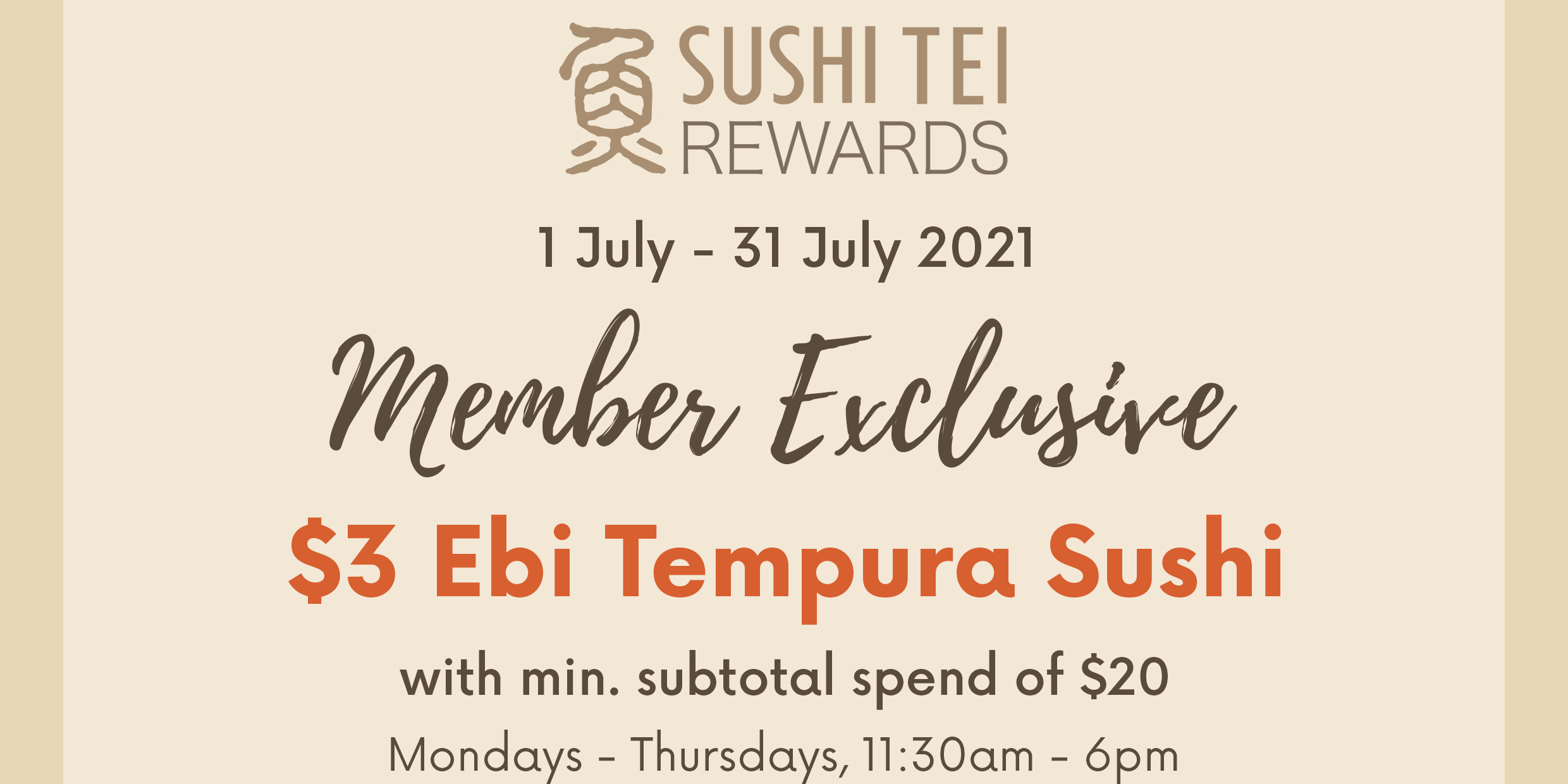 $3 Ebi Tempura Sushi for Sushi Tei Members from 1st – 31st July 2021 