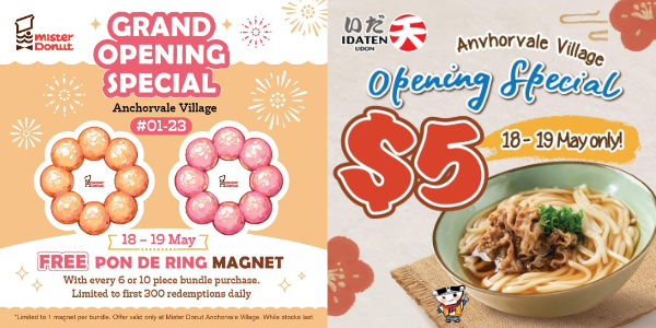 50% off Udon & FREE Pon De Ring Donut Magnets at Idaten Udon and Mister Donut in Anchorvale Village